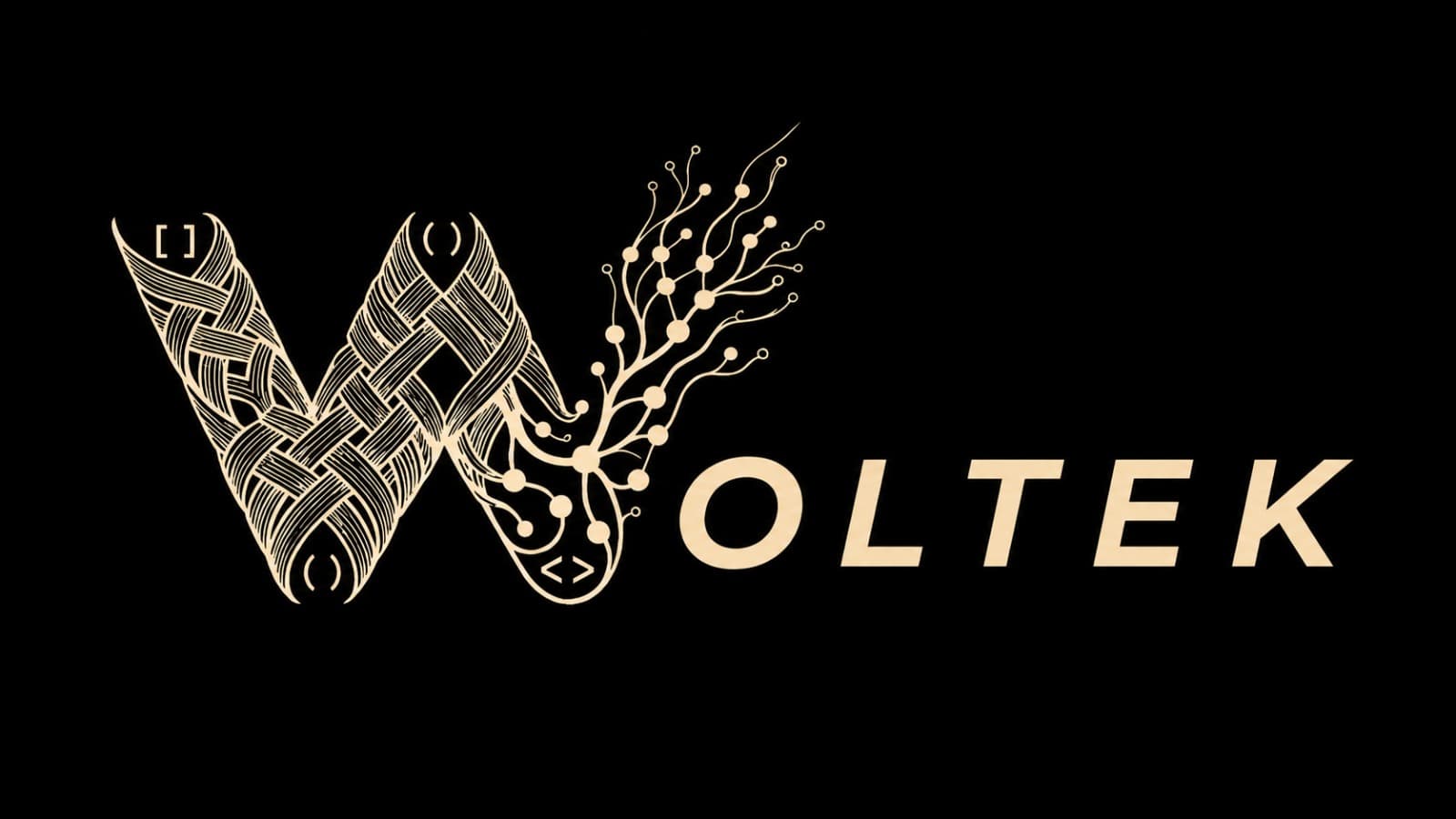 Logotipo Woltek em cor de pele sobre fundo preto